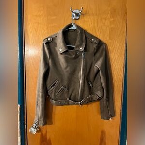 Brown Khaki Cropped Faux Suede Effect Moto Biker Zip up Jacket